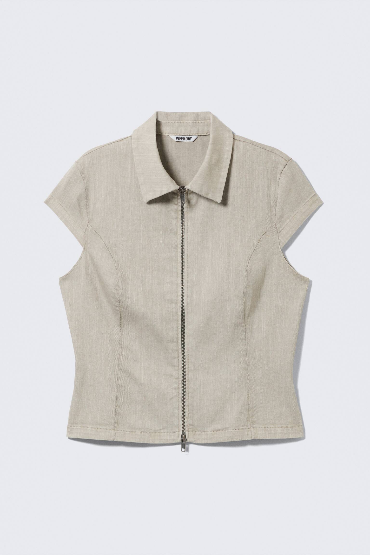 Figurnära kortärmad topp med dragkedja - Beige/Mörkgrå/Randig svart/Mörkgråmelerad/Svart - 2