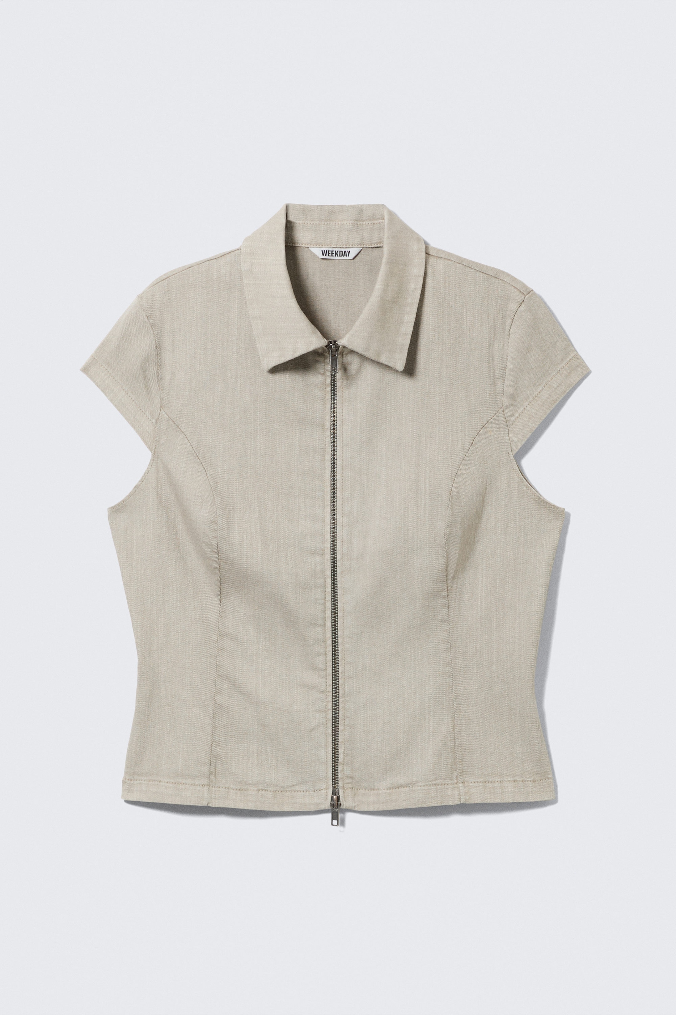 Beige - Fitted Short-Sleeved Zip Top - 4