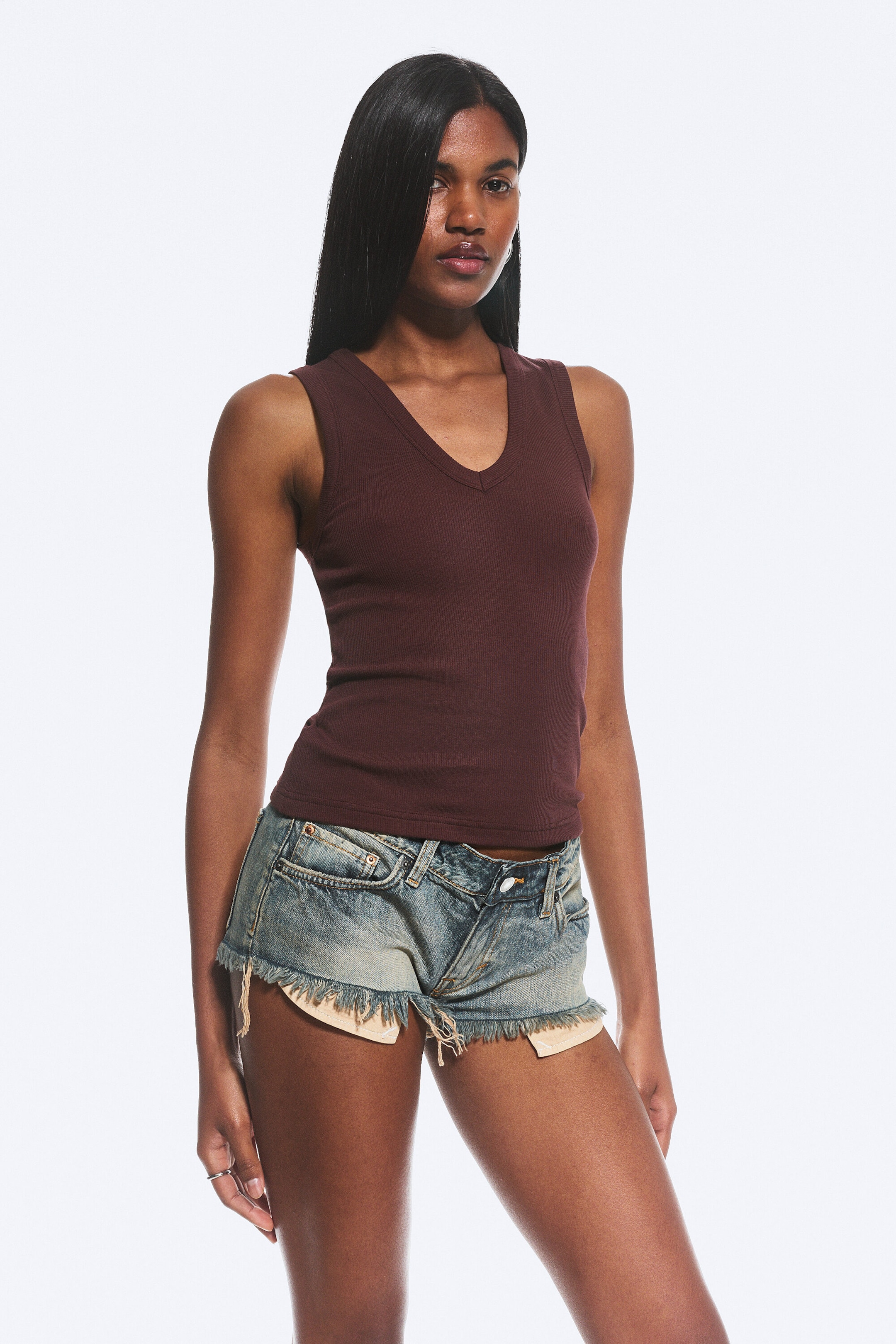 Donkerrood - Set van 2 geribde tanktops met V-hals - 0