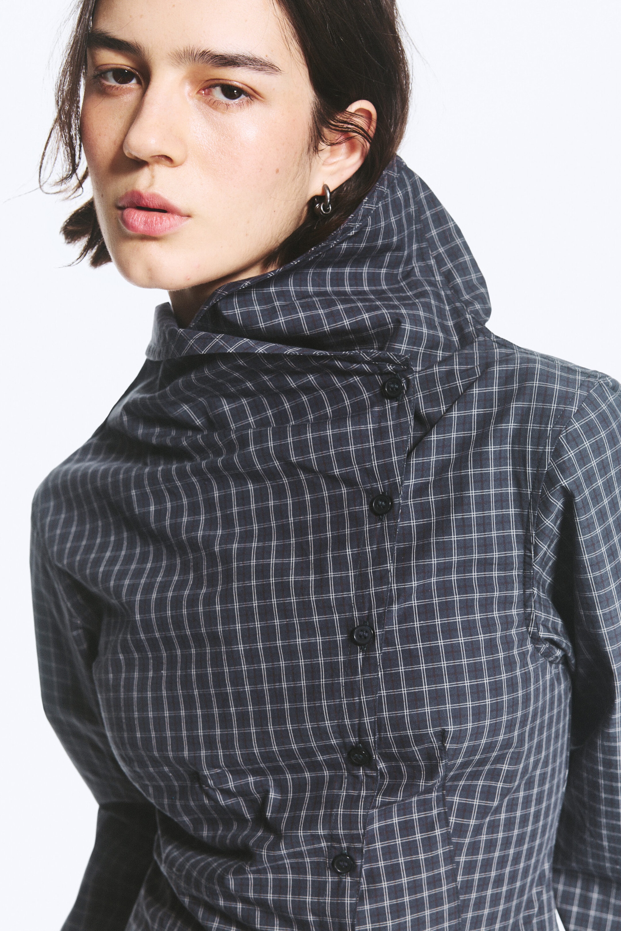 Checked Dark Blue - Asymmetric Buttoned Funnel top - 2