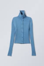 Hellblau - Schmaler Strick-Cardigan mit Rollkragen - 0