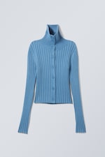 Light Blue - Slim Knitted Turtleneck Cardigan - 0