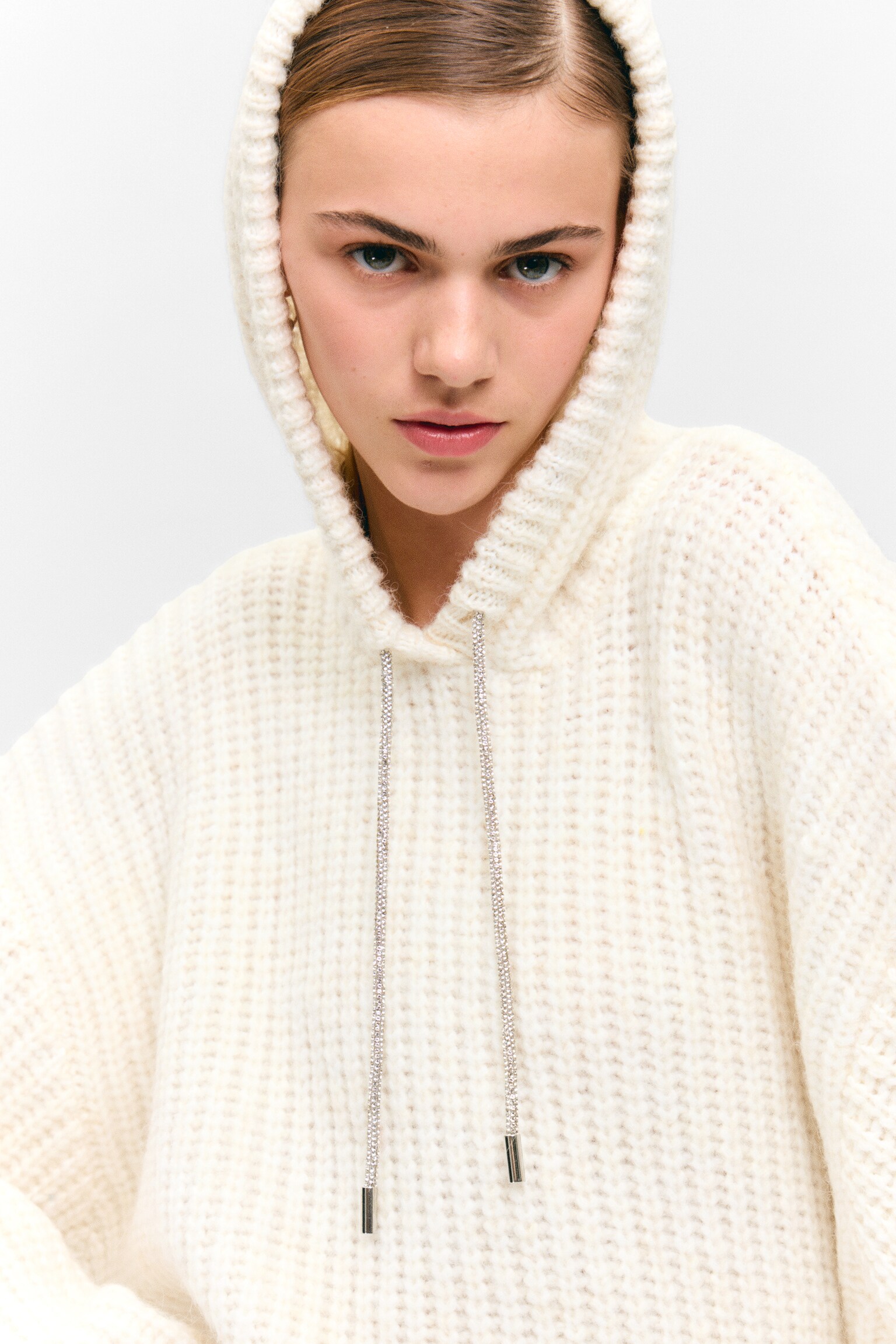 Knitted Drawstring Hoodie - White - 4