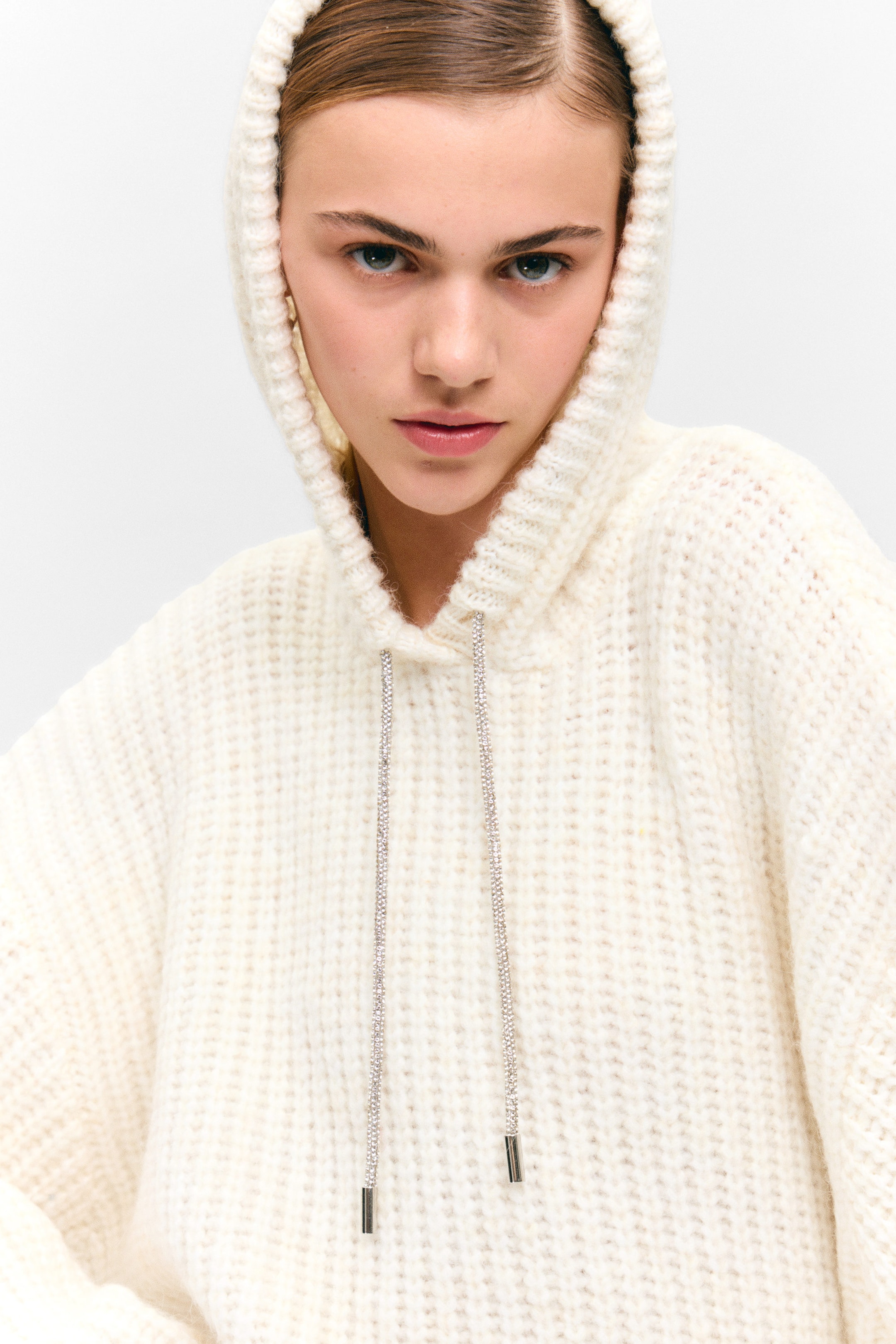 White - Knitted Drawstring Hoodie - 2