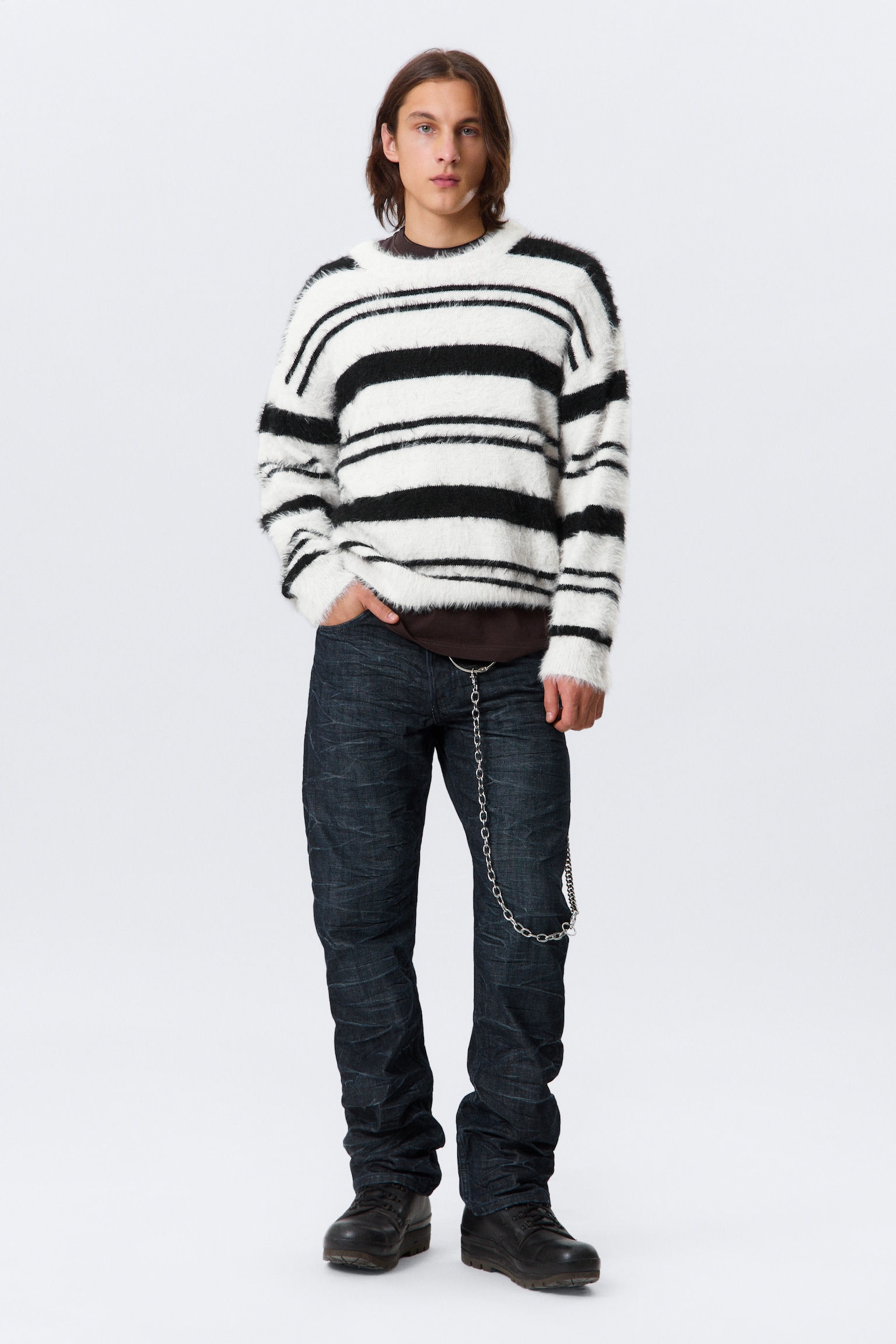 Relaxed Striped Knitted Sweater - Black & White Stripes - 3