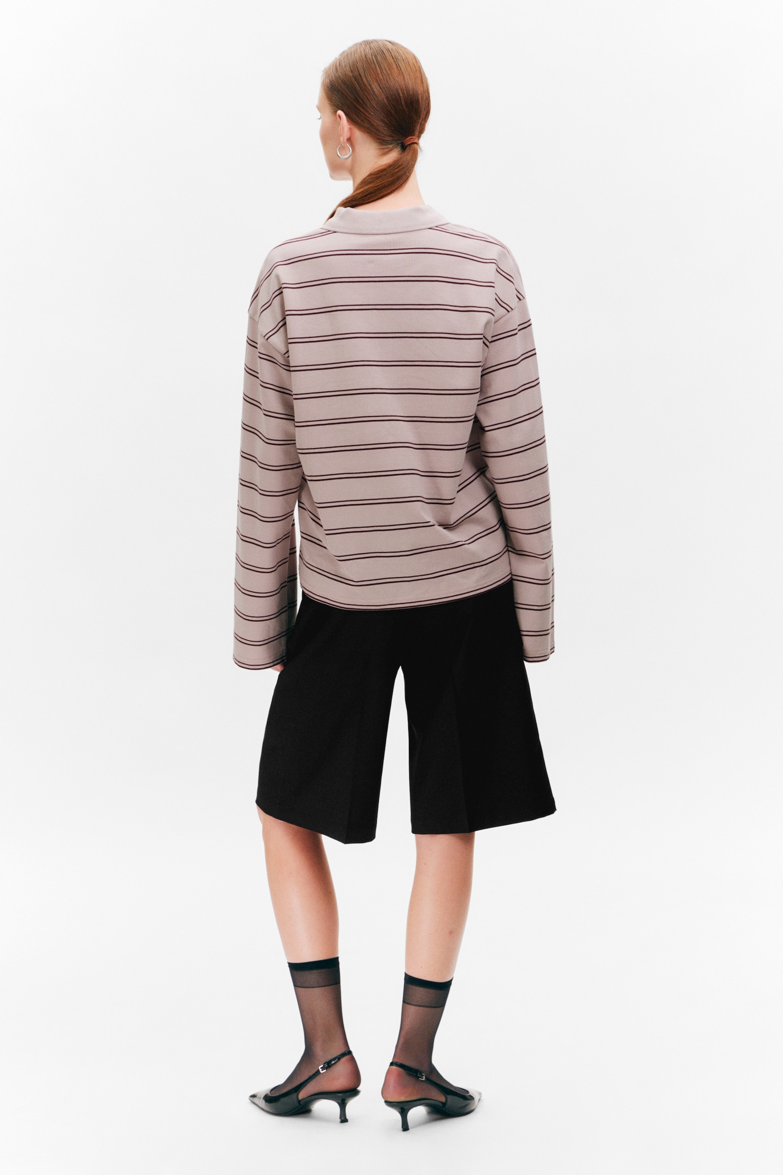 Long-Sleeved Cotton Polo Top - Striped Light Pink/White - Black Dots - 5