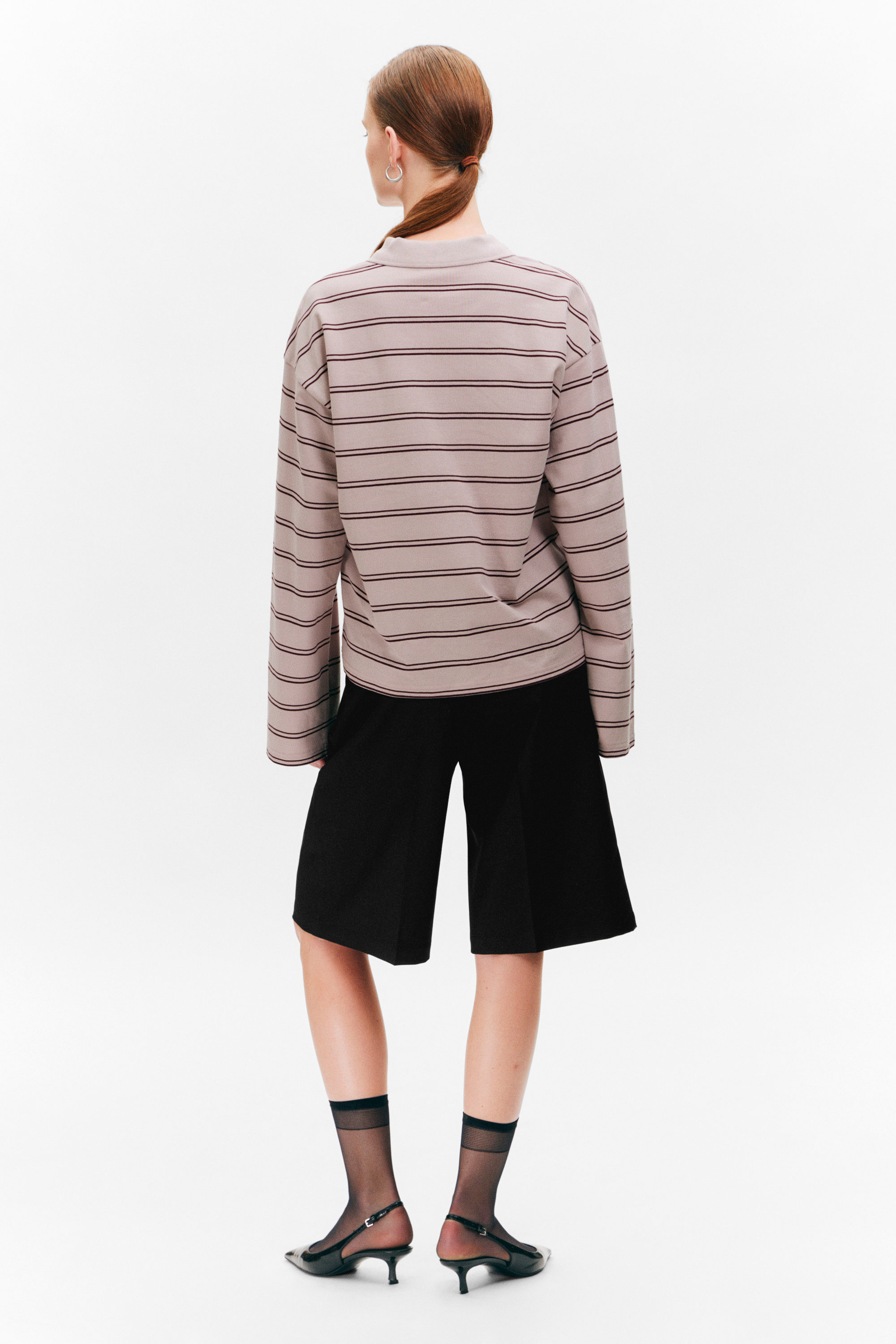 Hellrosa gestreift - Langärmliges Poloshirt aus Baumwolle - 2