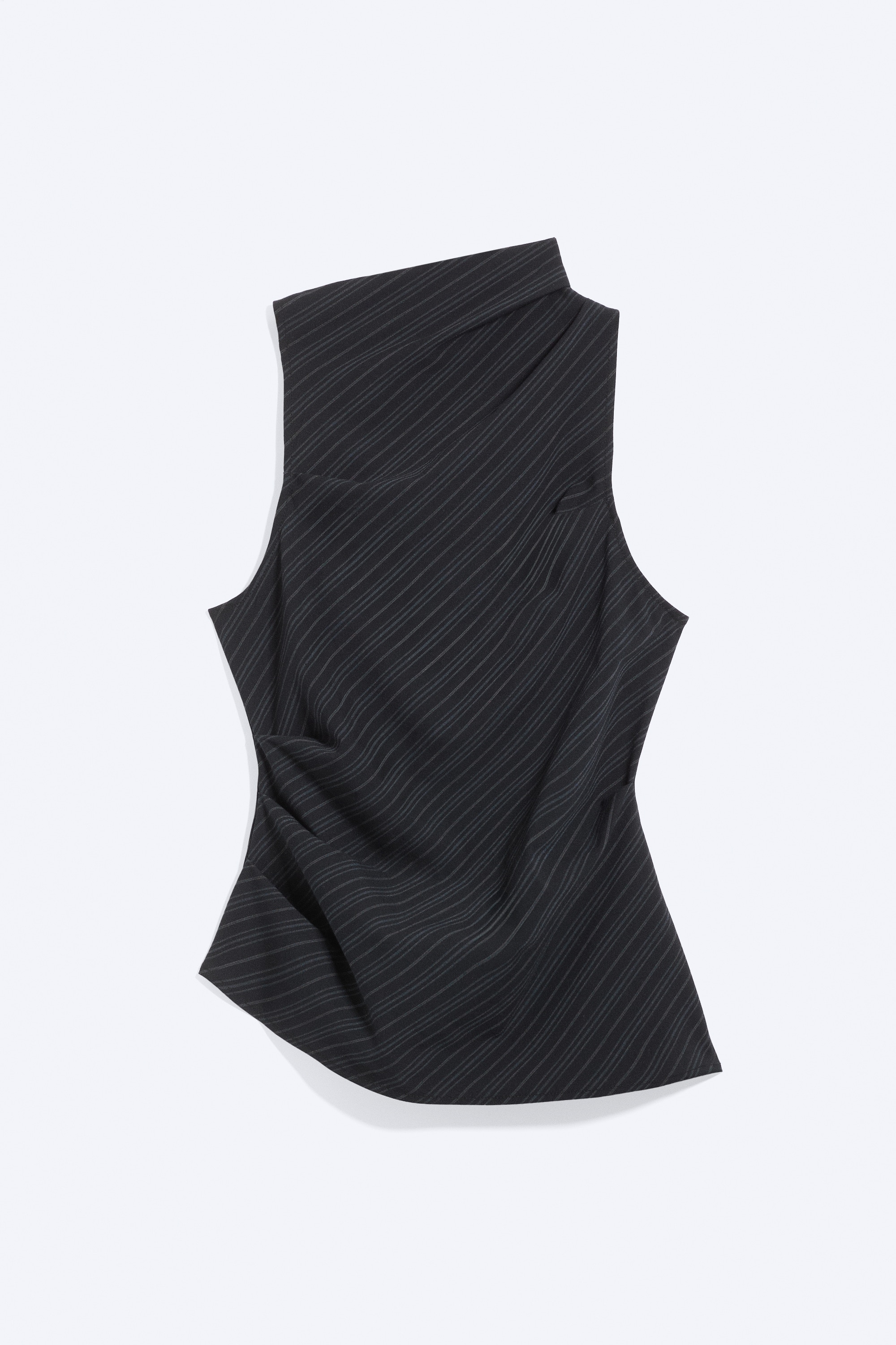 Ärmelloses, asymmetrisches Top aus Anzugstoff - Dunkelblau/Schwarz/Staubgrau mit Nadelstreifen