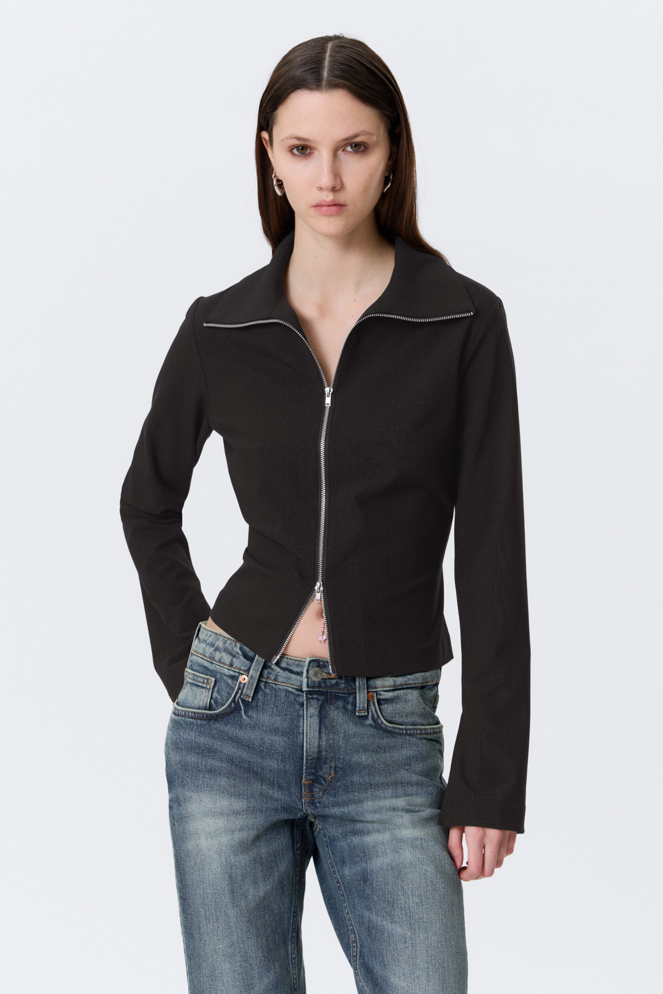 Randig svart - Slim Long-Sleeved Zip Shirt - 2