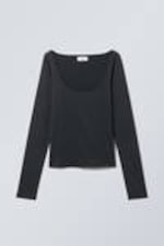 Black - Tea Scoop Neck Long Sleeve Top - 0