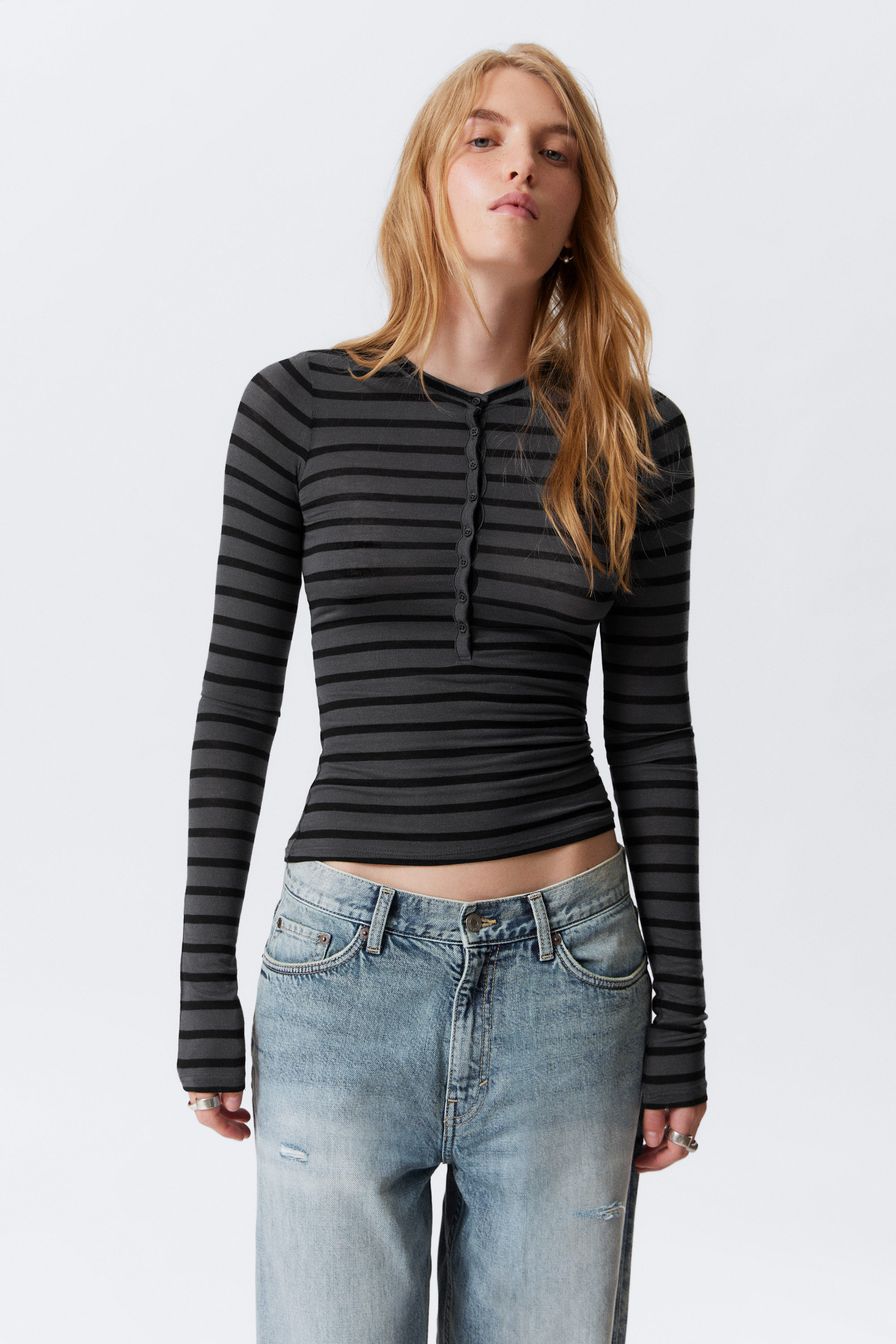 Black & Grey Stripes - SLIM BUTTONED LONG SLEEVE TOP - 1