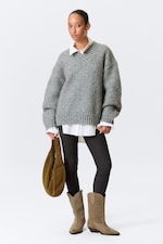 Grey Melange - Oversized Knitted V-neck Sweater - 0