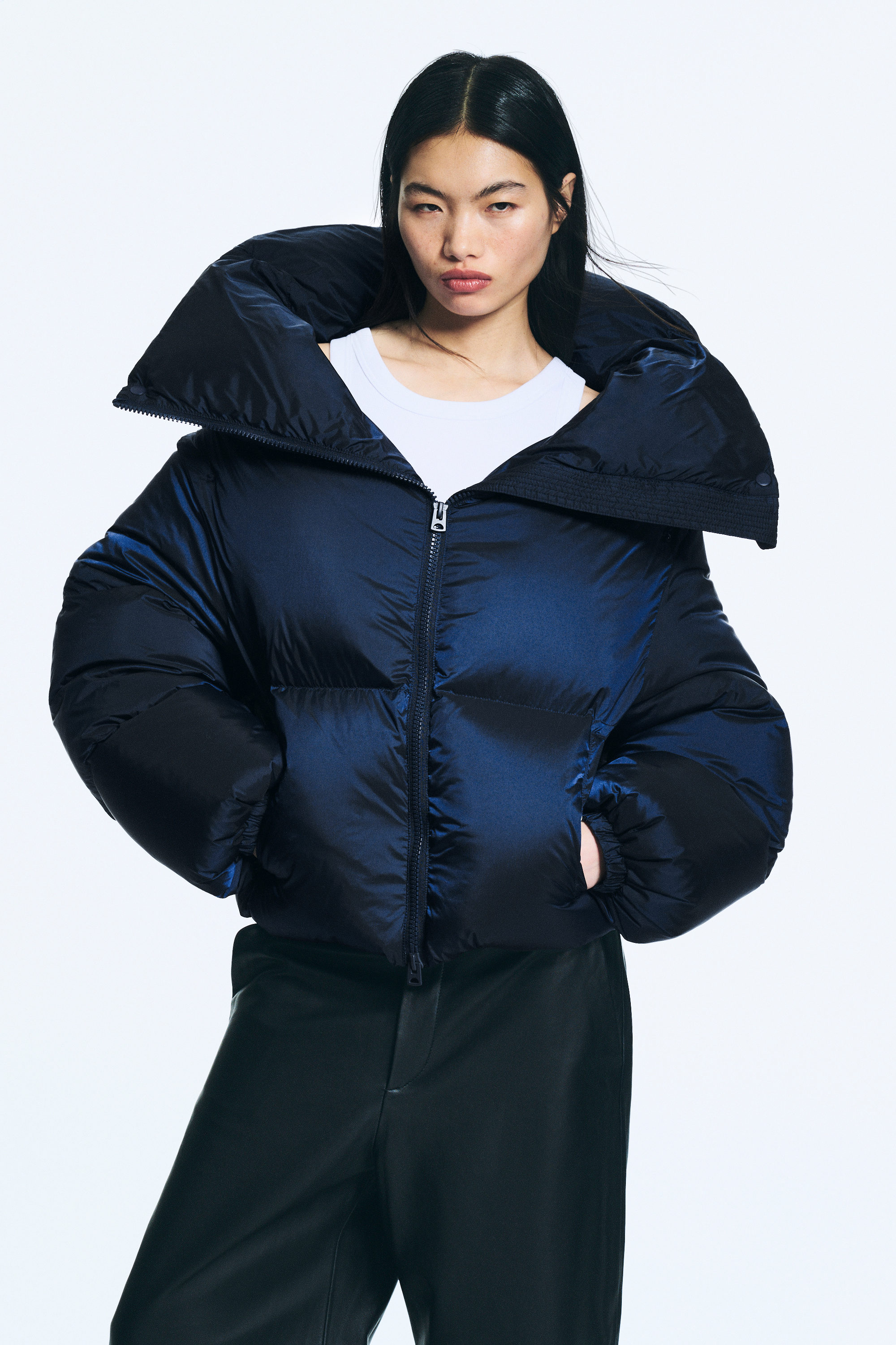 Dark Navy Blue - High Collar Cropped Down Jacket - 1