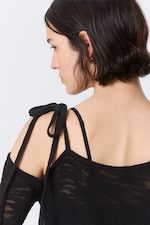 Black - Asymmetric Tie-Shoulder Knitted Sweater - 2