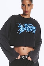 Black - Printed Oversized Cropped Long-Sleeved T-shirt - 0