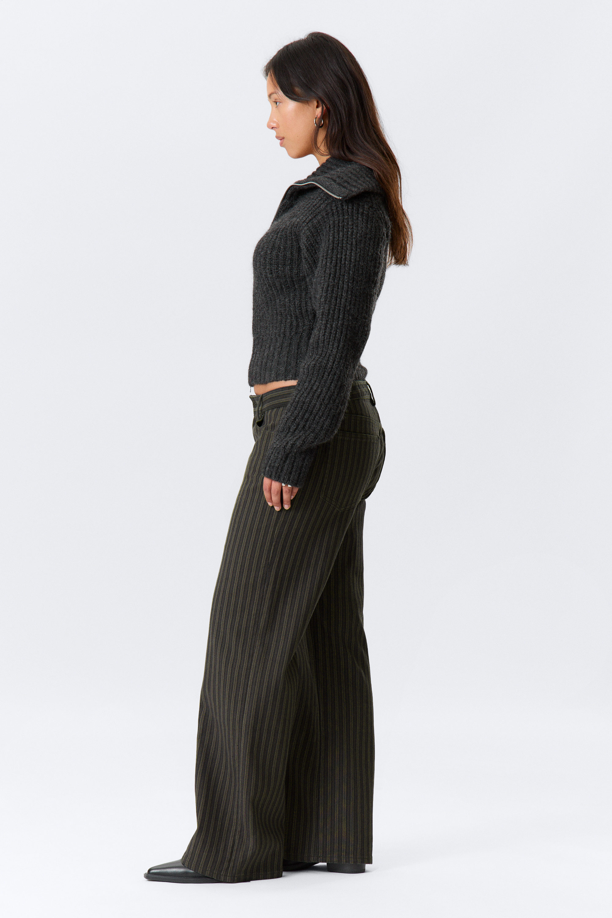 Striped Dark Grey - Low Waist Pinstripe Cotton Trousers - 4
