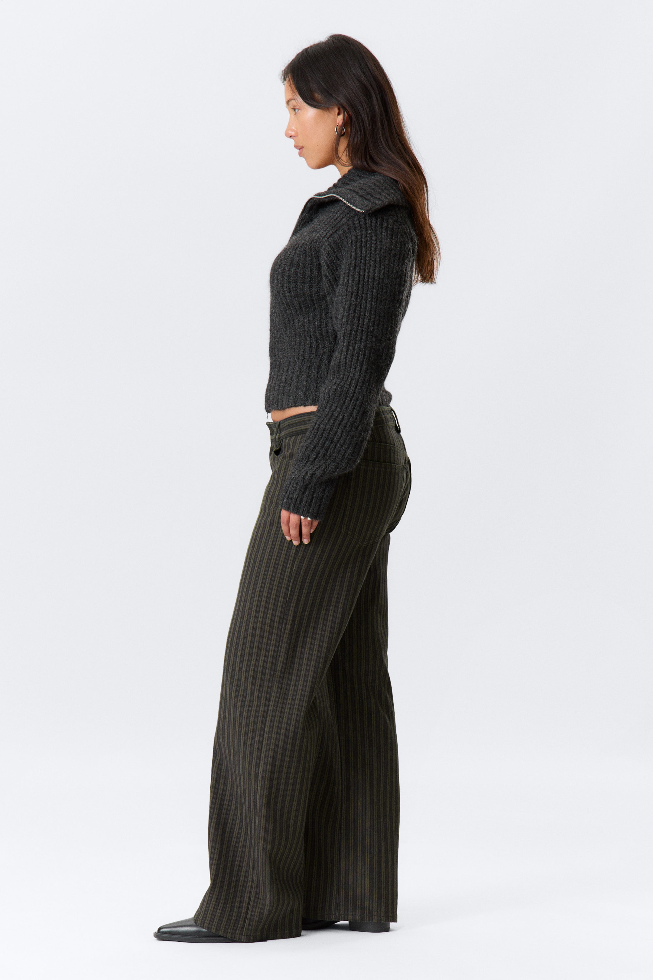 Striped Dark Grey - Low Waist Pinstripe Cotton Trousers - 2