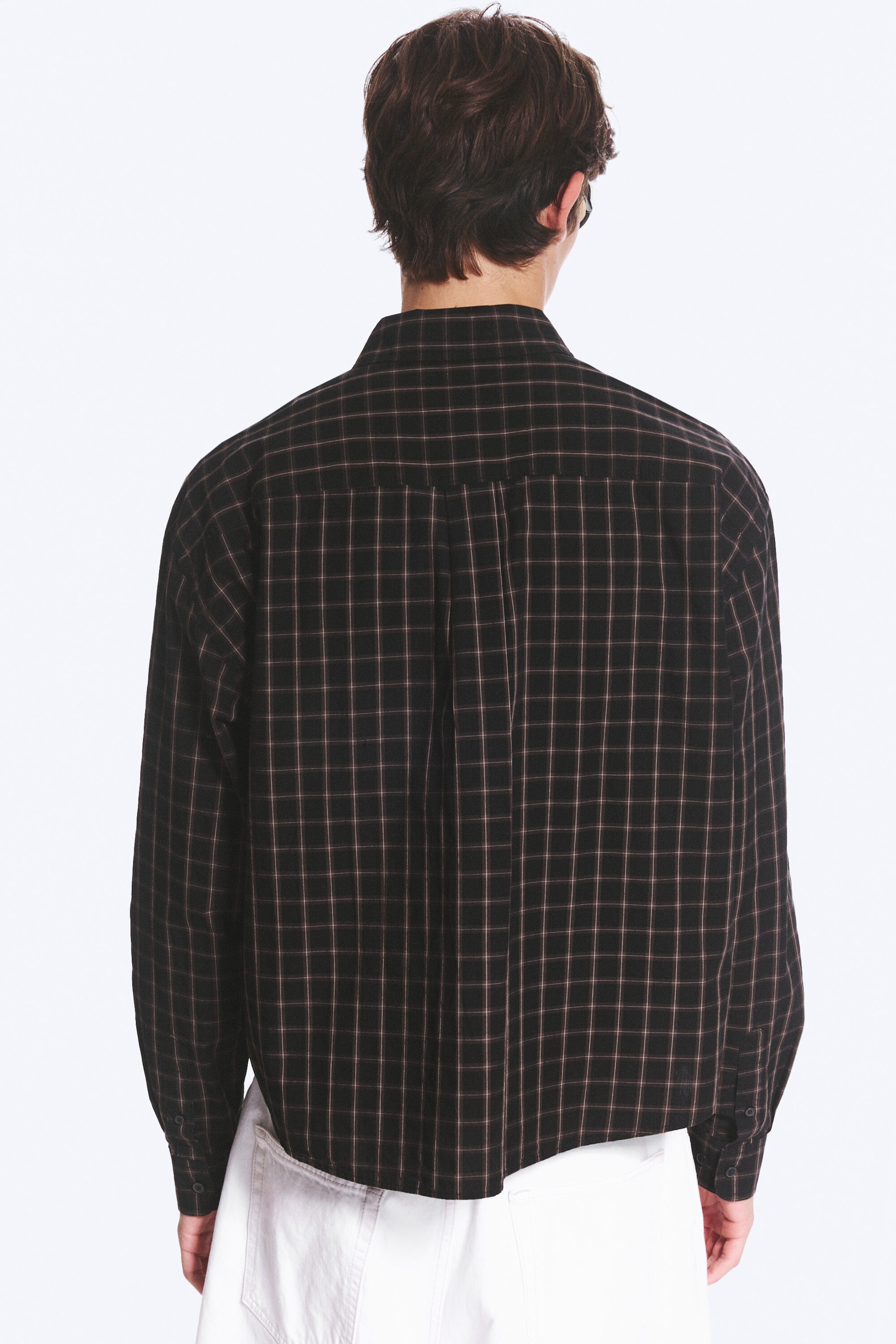 Checked Black/Brown - Boxy Long-Sleeved Cotton Poplin Shirt - 2