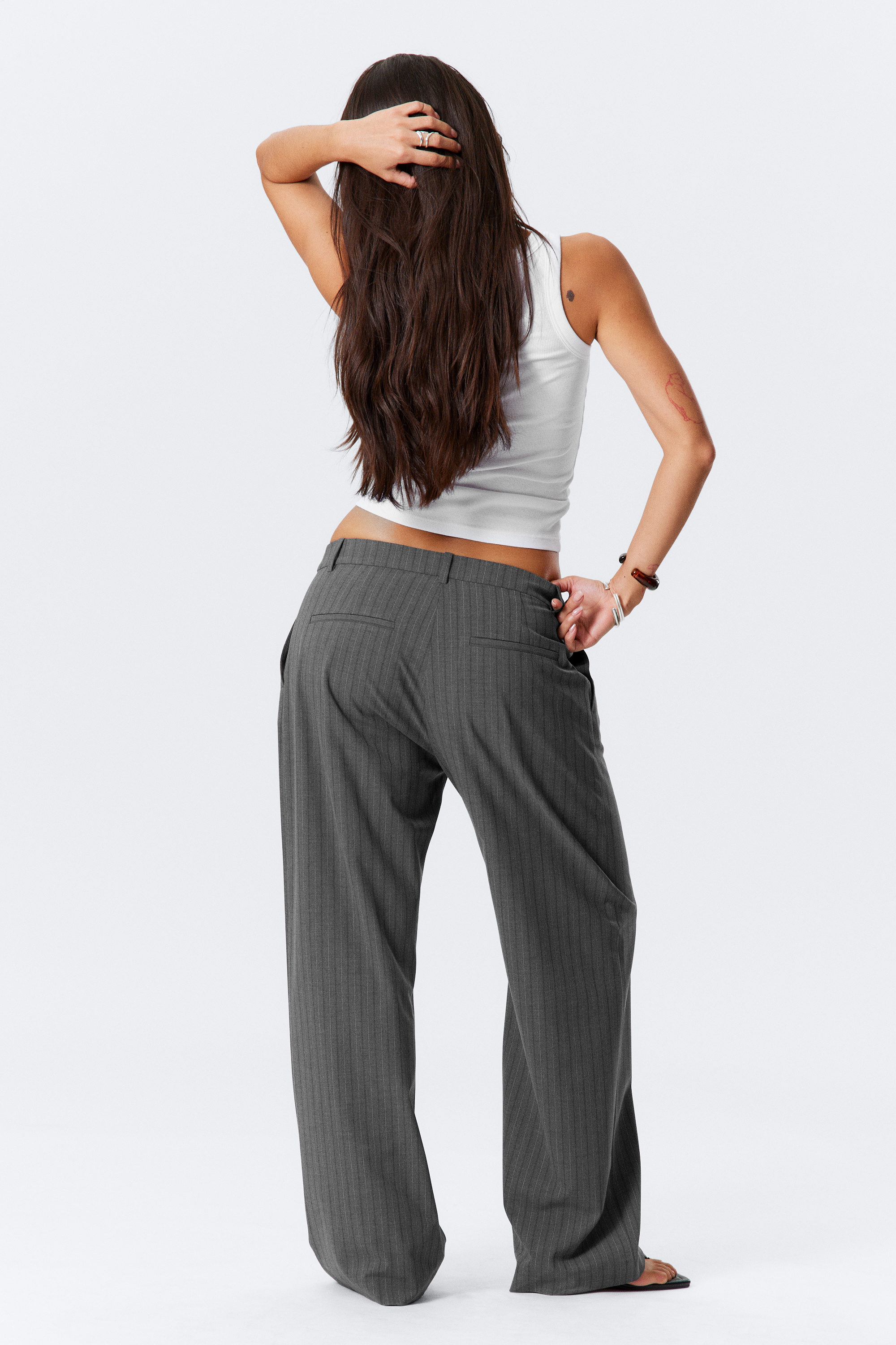 Striped Dark Grey Melange - Relaxed Mid Rise Pleated Suiting Trousers - 3