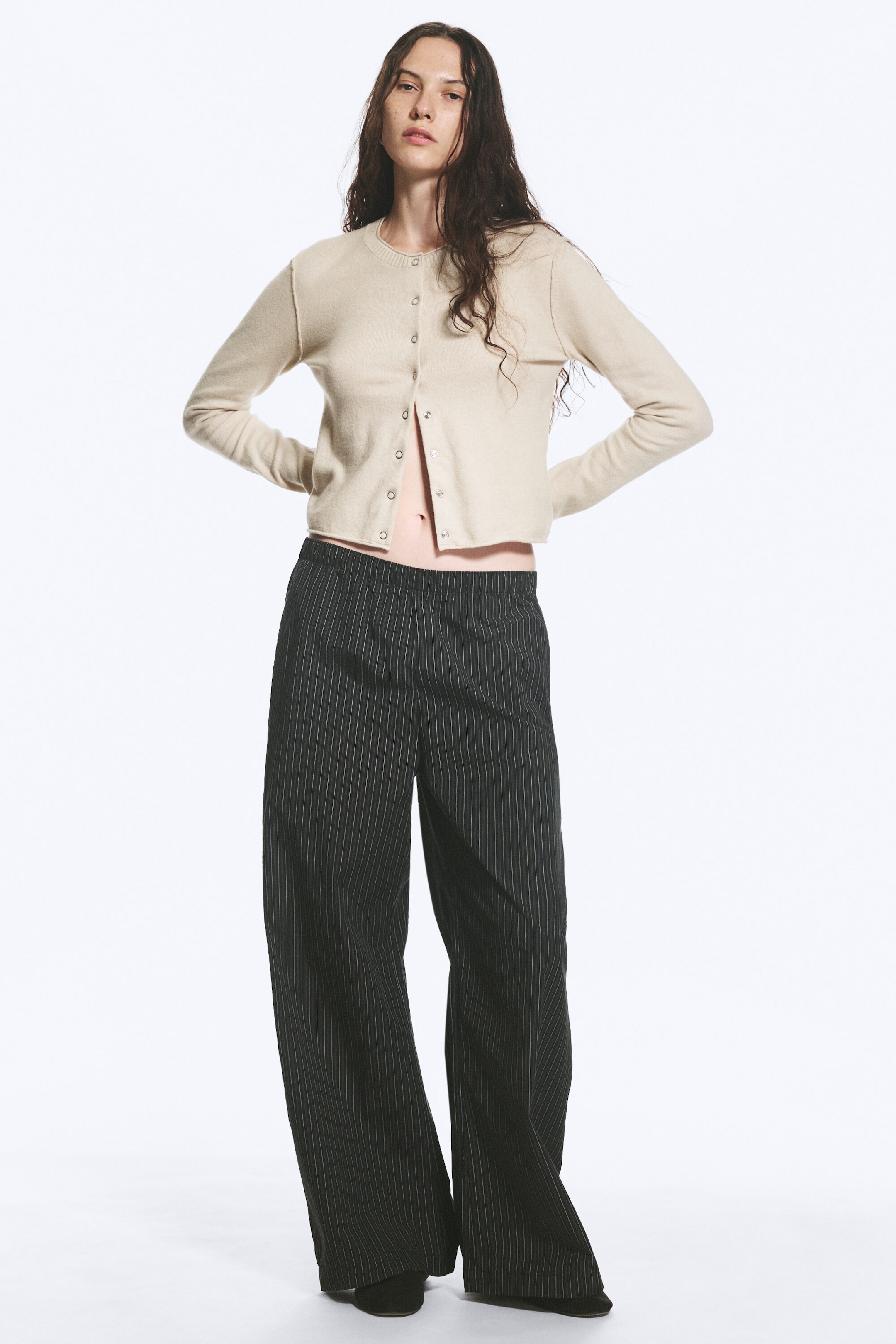 Striped Black - Low Loose Cotton Trousers - 1