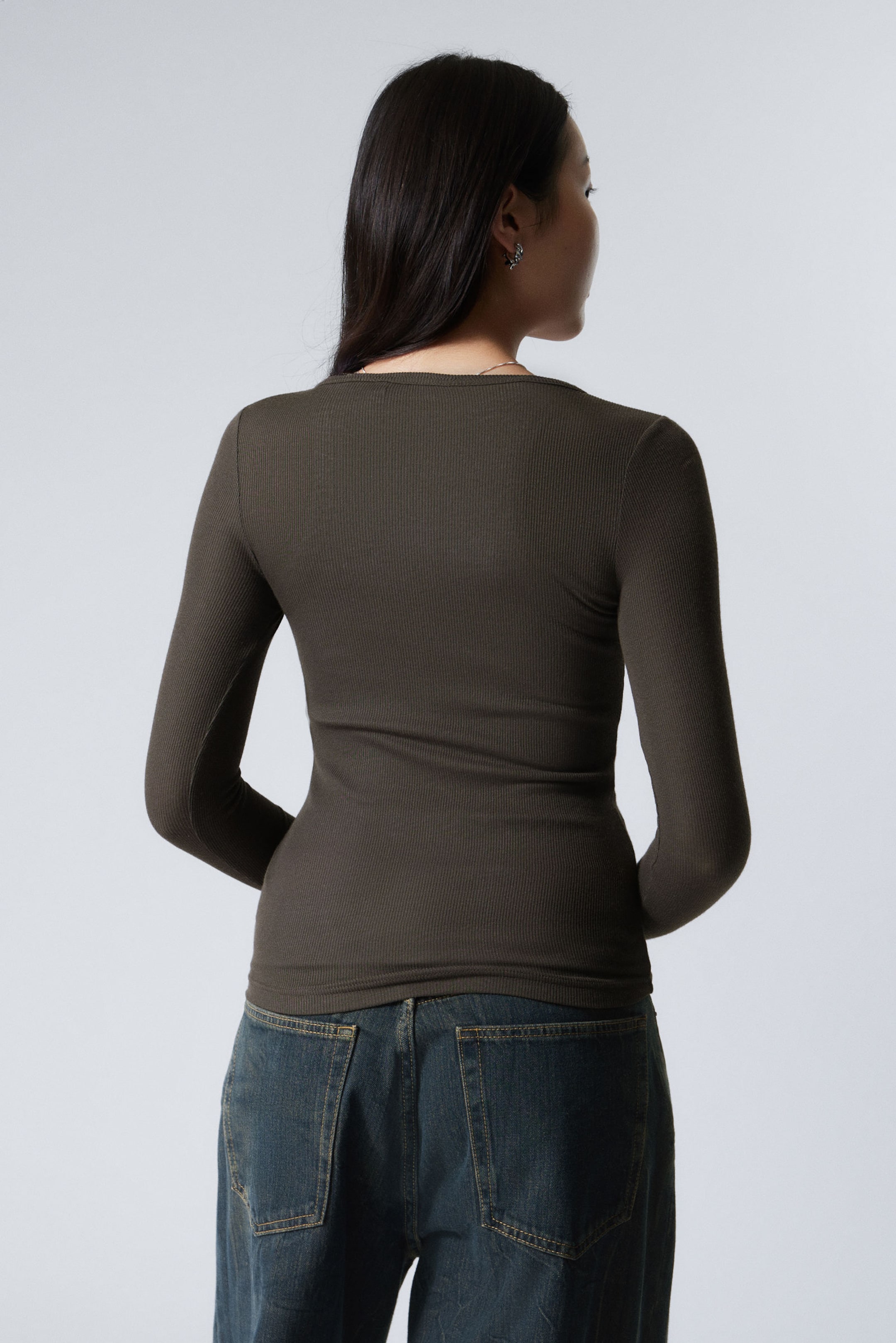 Dark Brown - Sheer Rib Long Sleeve Henley Top - 2