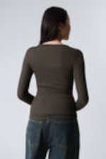 Dark Brown - Sheer Rib Long Sleeve Henley Top - 2