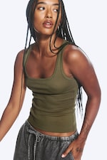 Khaki Green - Slim Square Neck Ribbed Tank Top - 0