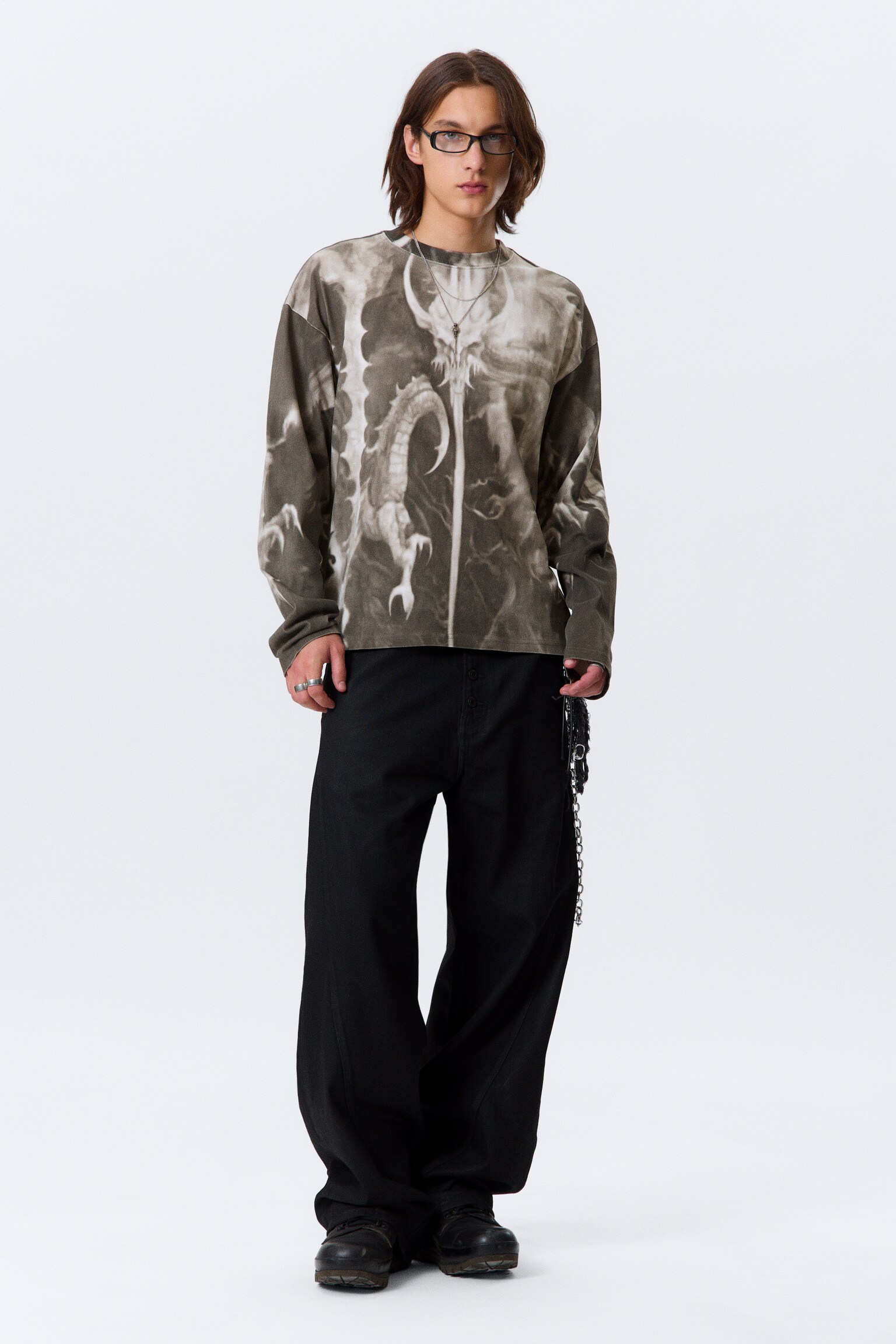 Great Boxy Graphic Long Sleeve T-shirt - Dark Grey - Dragon Print/White - Skull Flame/White - Sketch Book - 6