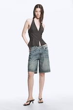 Dark Grey - Tie-Back Hook-and-Eye Halterneck Top - 1