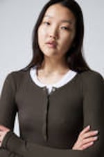 Dark Brown - Sheer Rib Long Sleeve Henley Top - 1