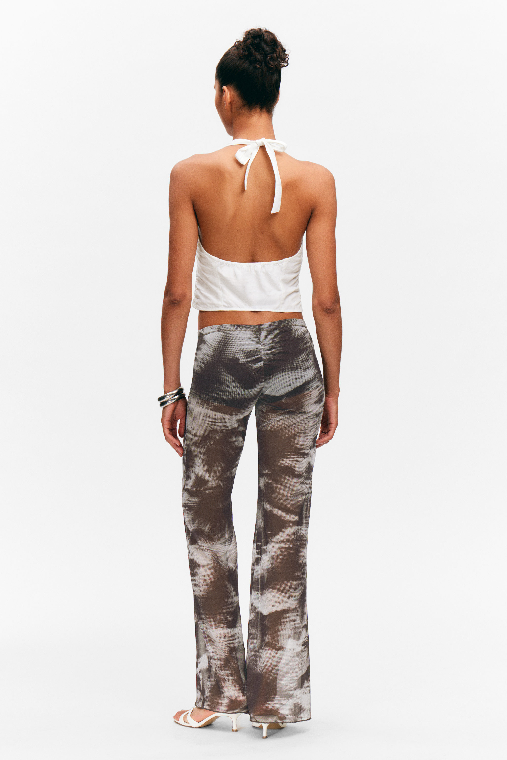 Dark Brown - Blurry Floral - Flared Printed Mesh Trousers - 2