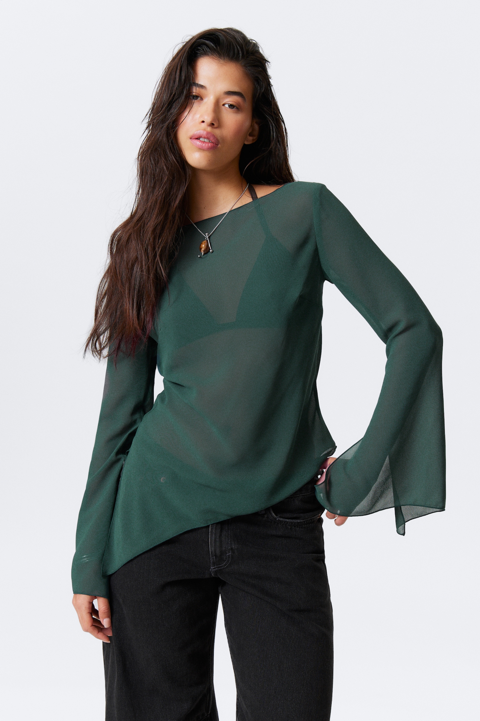 Transparente, asymmetrische Langarmbluse - Petrol/Schwarz - Obsidian-Nebel/Schwarz