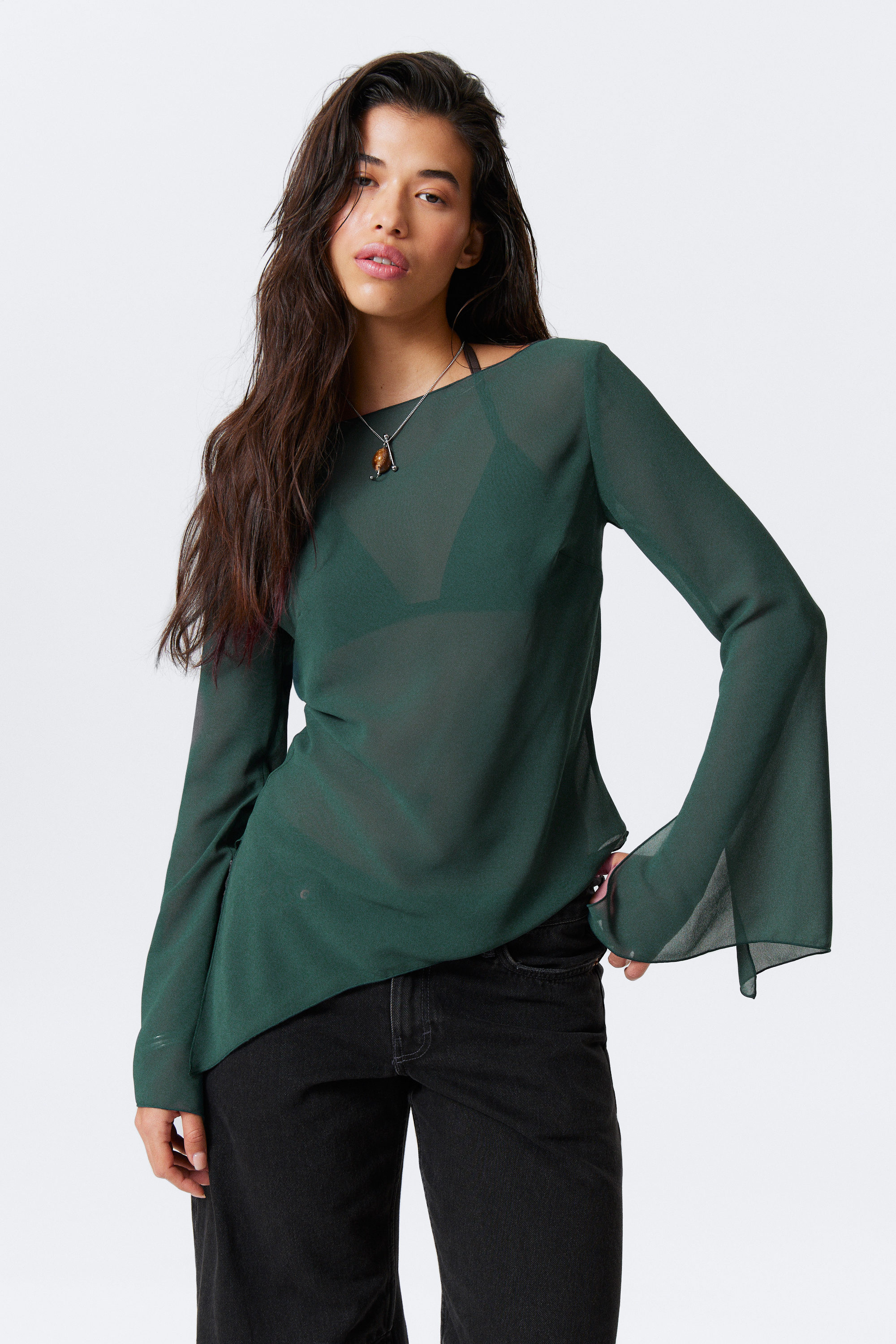 Petrol - Sheer Asymmetric Long-Sleeved Blouse - 1