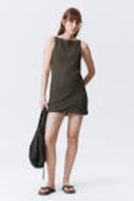 Dark Grey - Sheer Sleeveless Boat-Neck Mini Dress - 0