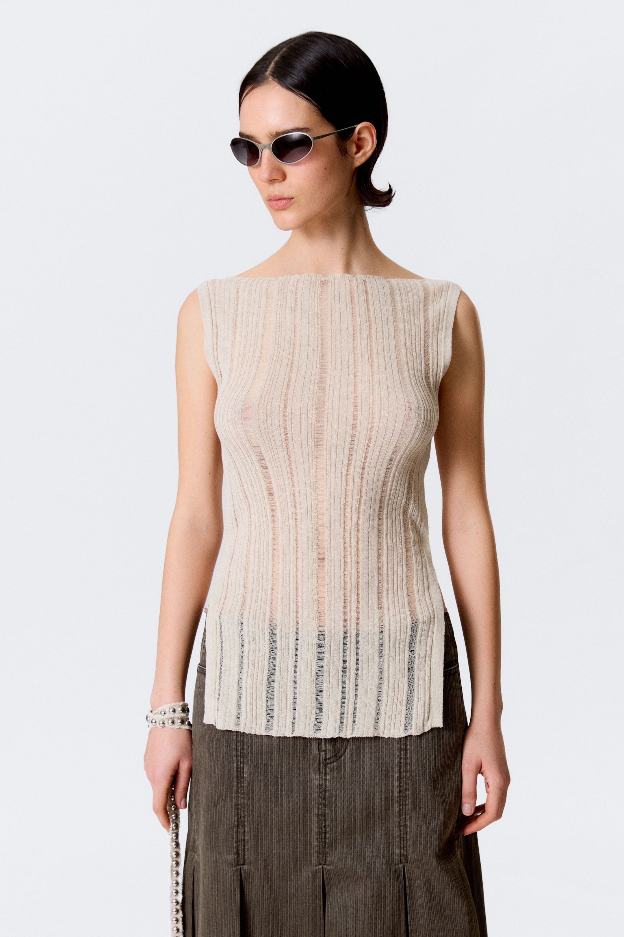 Light Beige - Knitted Boat-Neck Tank Top - 2