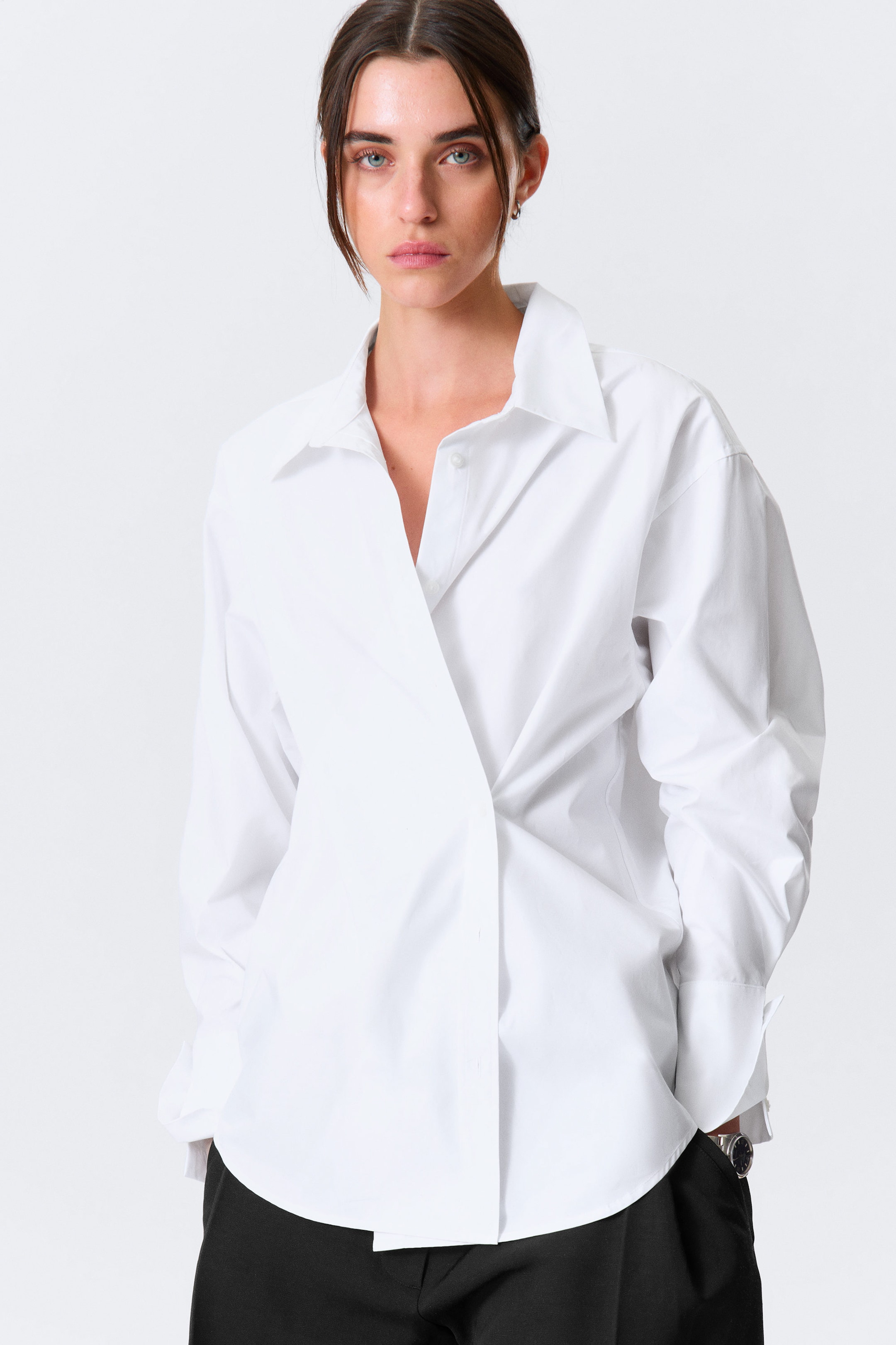 White - Cross-Buttoned Long-Sleeved Cotton Shirt - 2