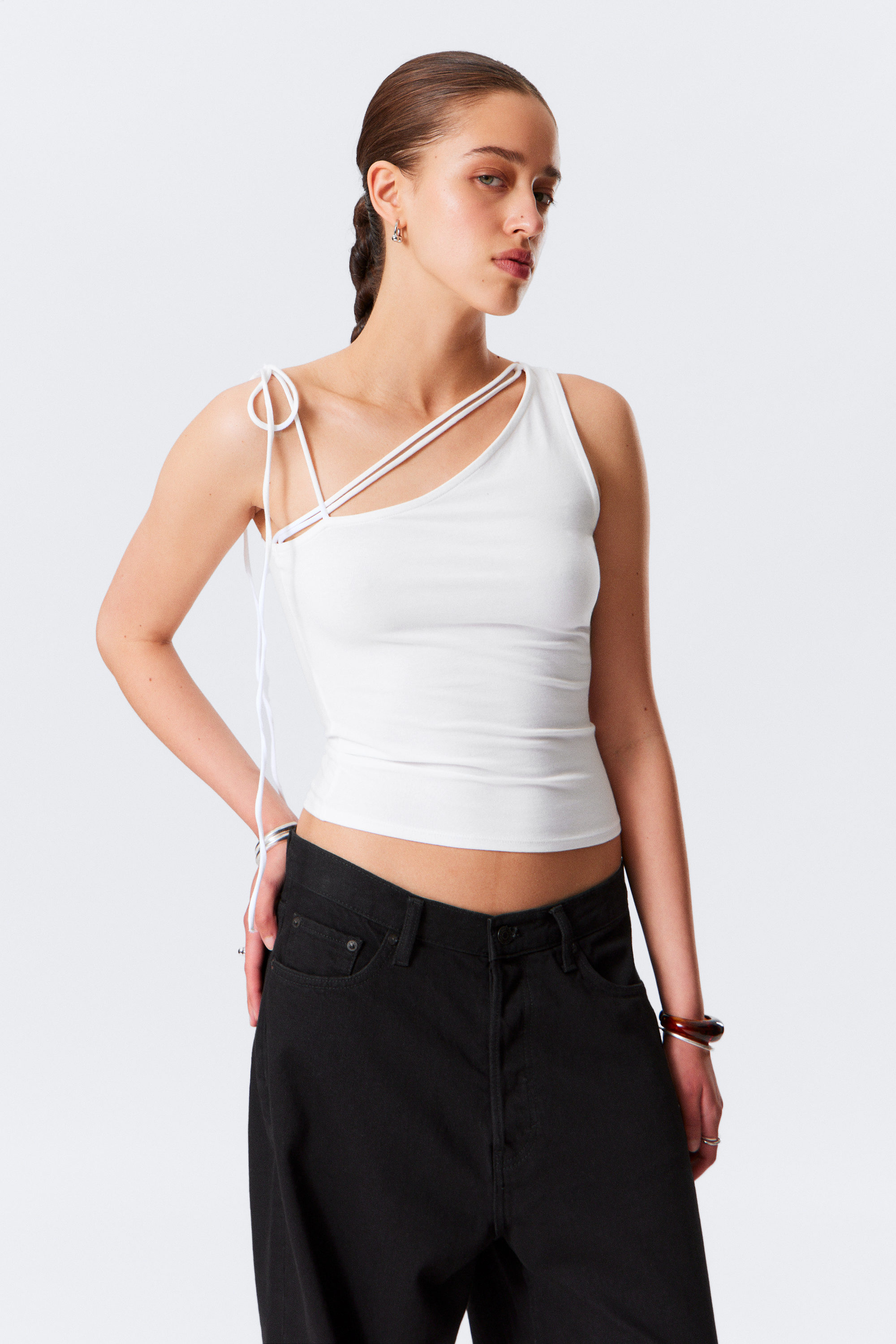 White - Slim Fit One-Shoulder Tank Top - 1