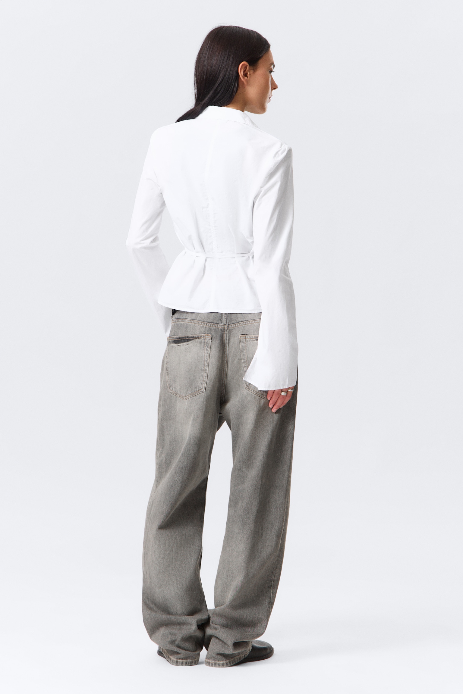 Long-Sleeved Wrap Poplin Shirt - Wit/Blauwe strepen/Zwart - 6