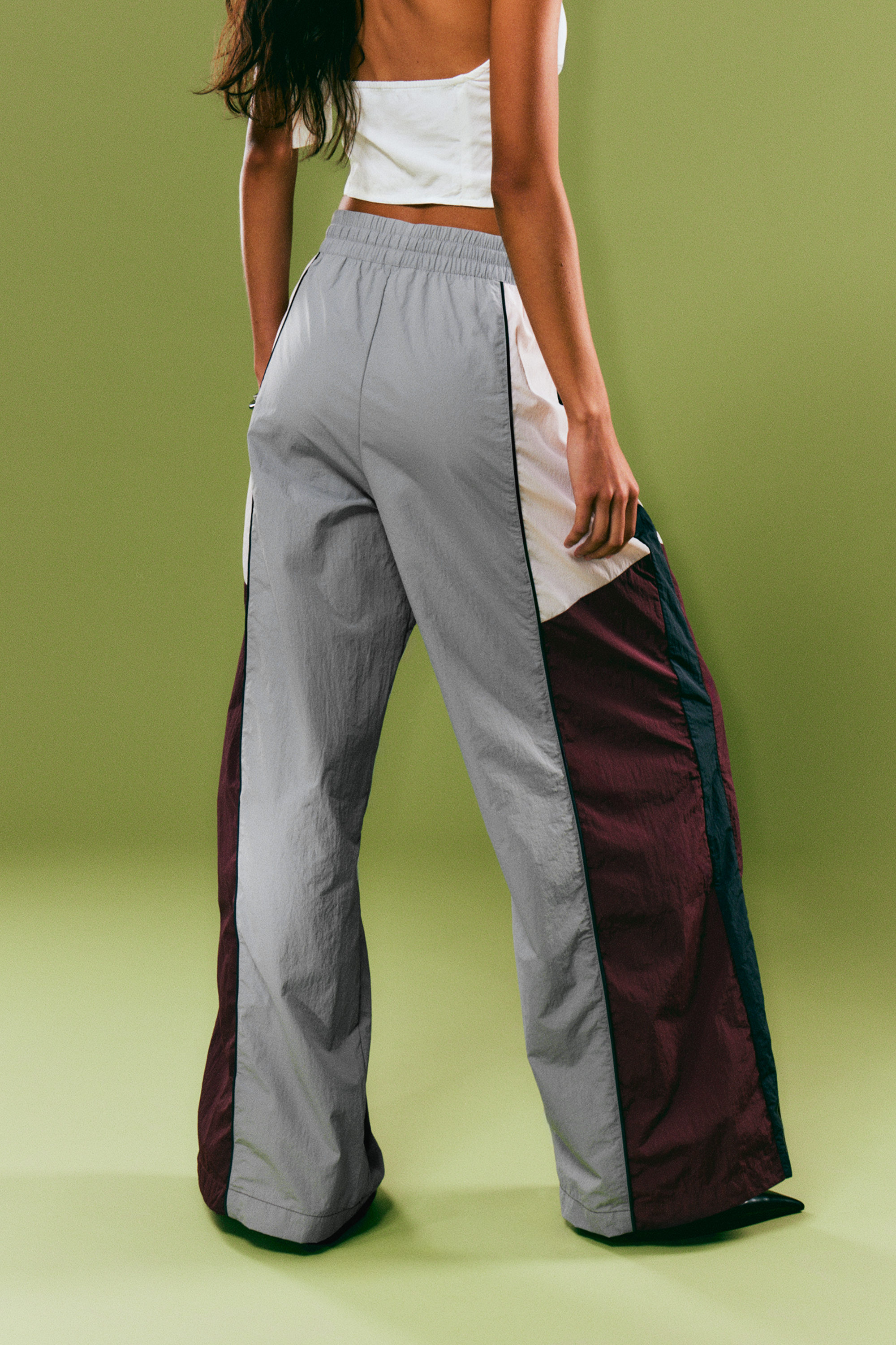 Grey/Pink/Red - Low Rise Wide Leg Colourblock Trousers - 3