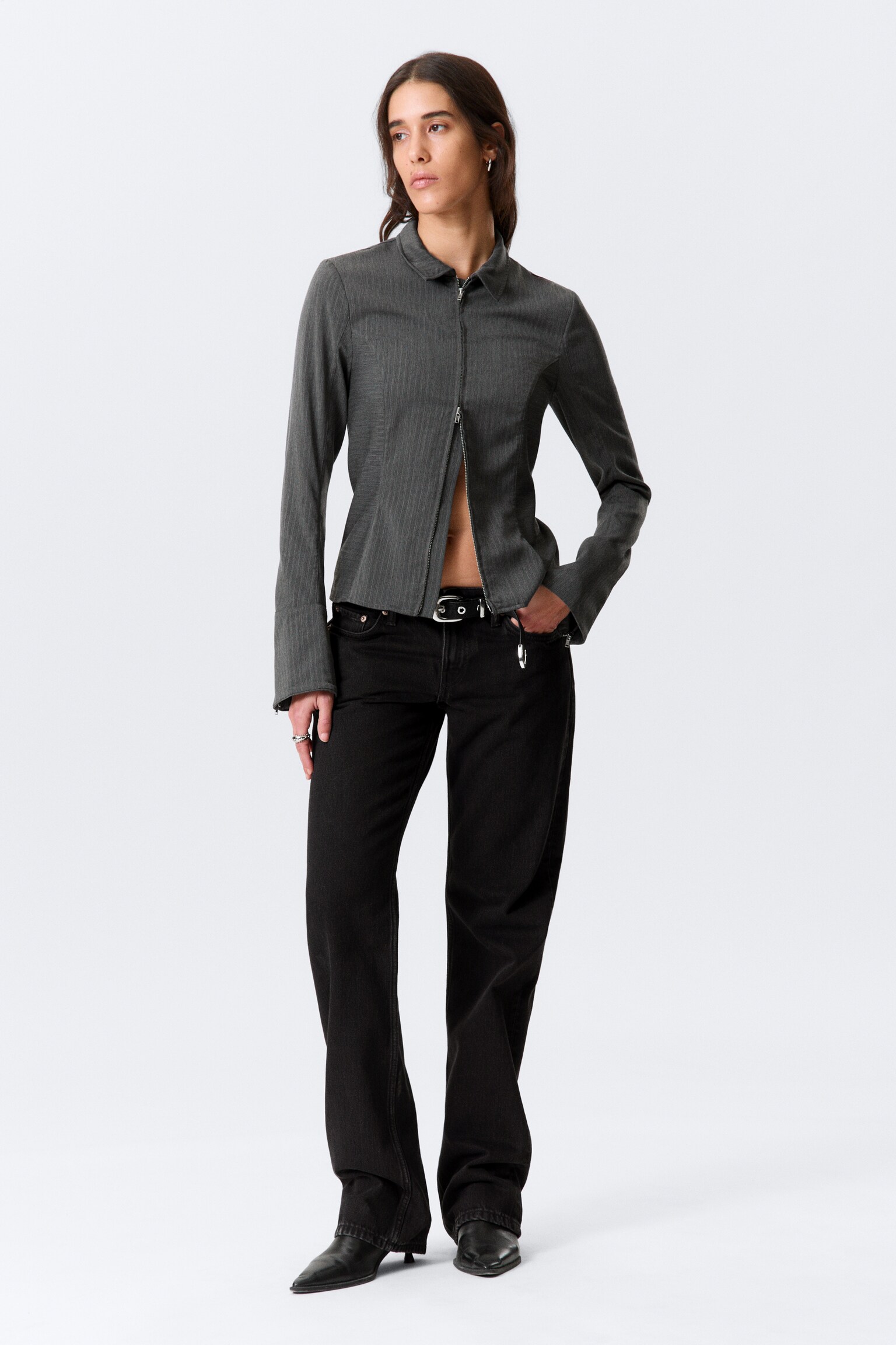 Long-Sleeved Fitted Zip Shirt - Striped Dark Grey Melange/White - 4