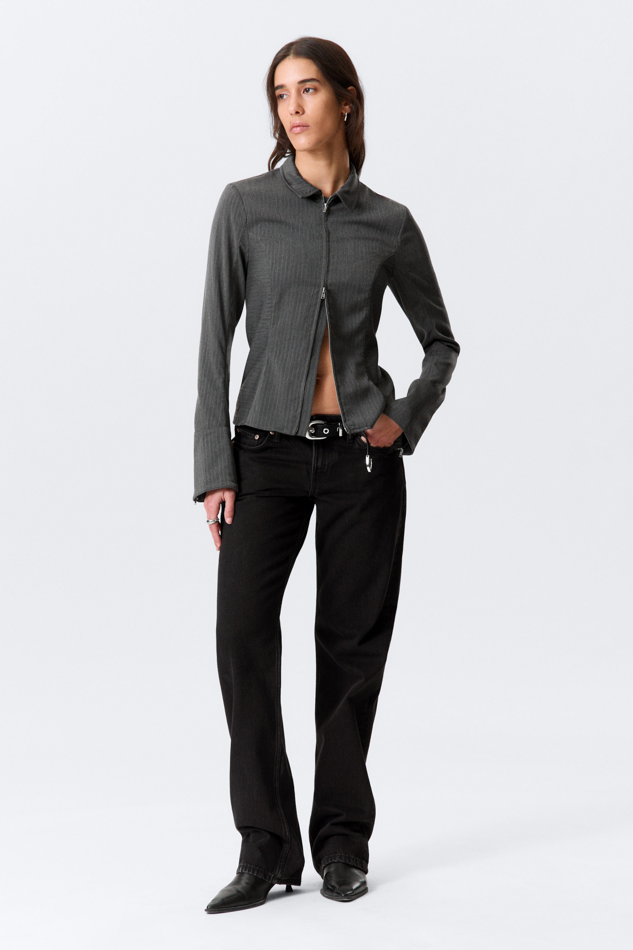 Striped Dark Grey Melange - Long-Sleeved Fitted Zip Shirt - 2