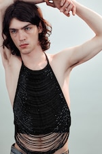 Black - Beaded Mesh Halterneck Top - 1