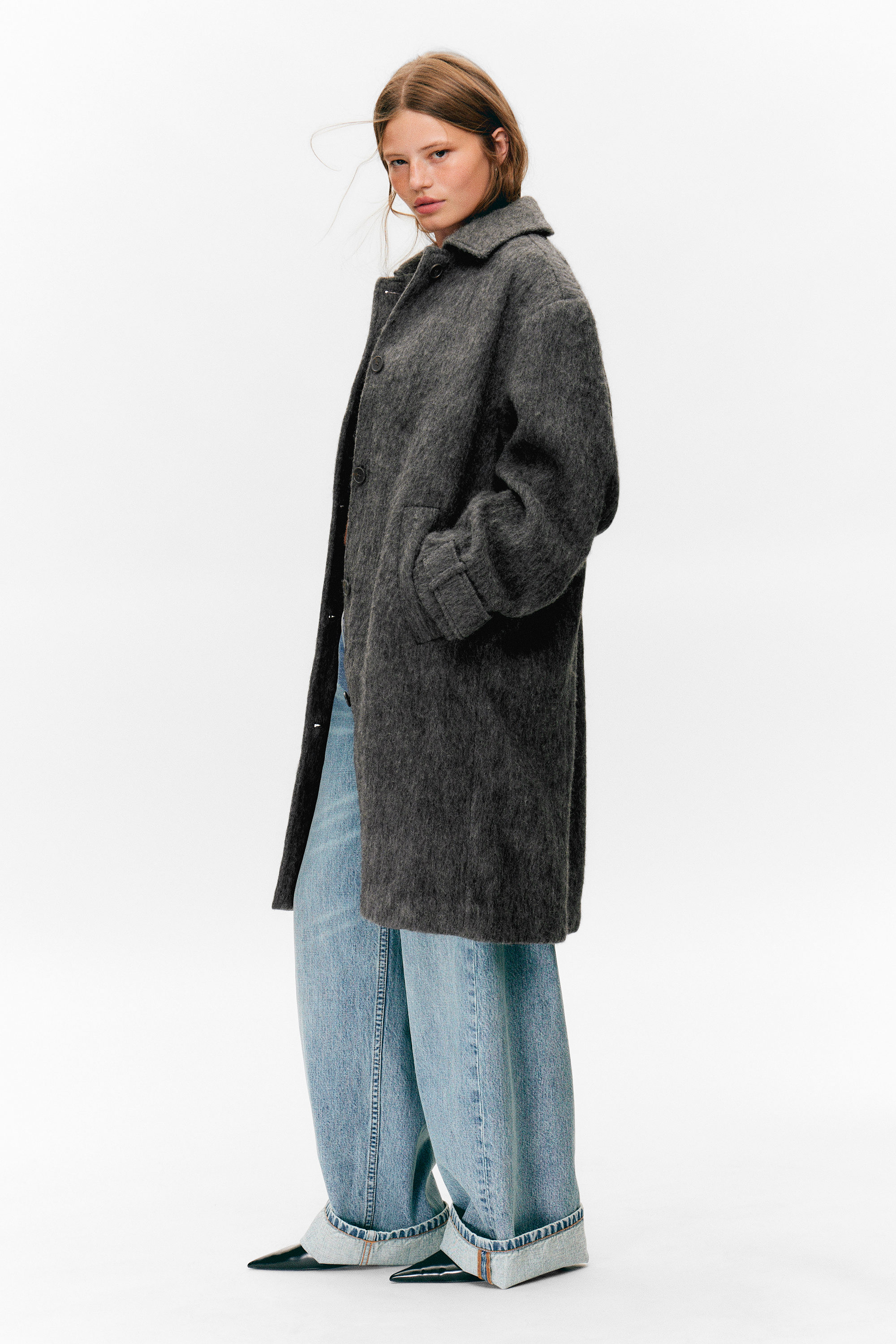 Dusty Dark Grey Melange - Knee-Length Single-Breasted Coat - 2