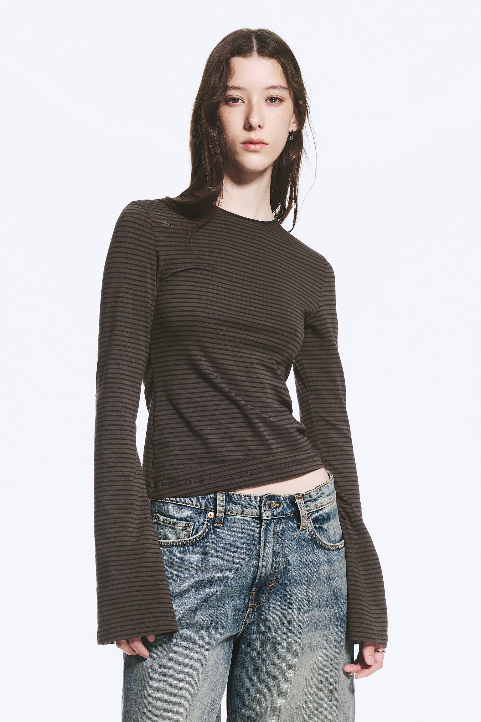 Long Sleeve Cotton Top - Тъмно Сиво Райе/Тъмночервено на райета/Черен/Черно/Dark Brown/Тъмносиньо на райета/Тъмнозелено райе - 1