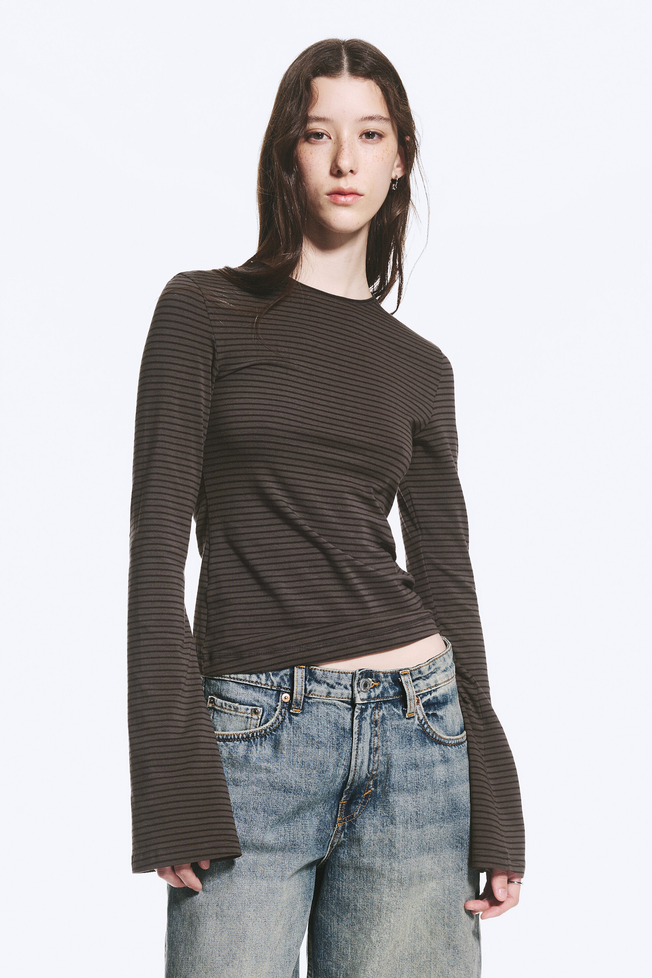 Dark Grey Stripe - Long Sleeve Cotton Top - 0