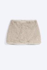 Beige - Faux Fur Rhinestone Mini Skirt - 0