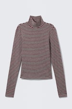 Grey & Red Stripes - Fitted Striped Turtleneck Top - 3