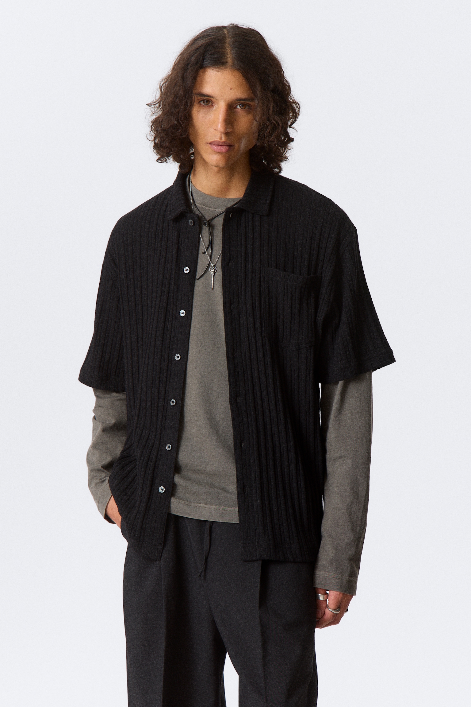Camisa de punto abotonada de manga corta - Negro/Topo oscuro/Topo oscuro/Negro/Verde caqui claro/Negro/Blanco roto/Gris claro