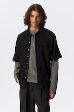 Black - Knitted Short-Sleeved Button-Up Shirt - 0