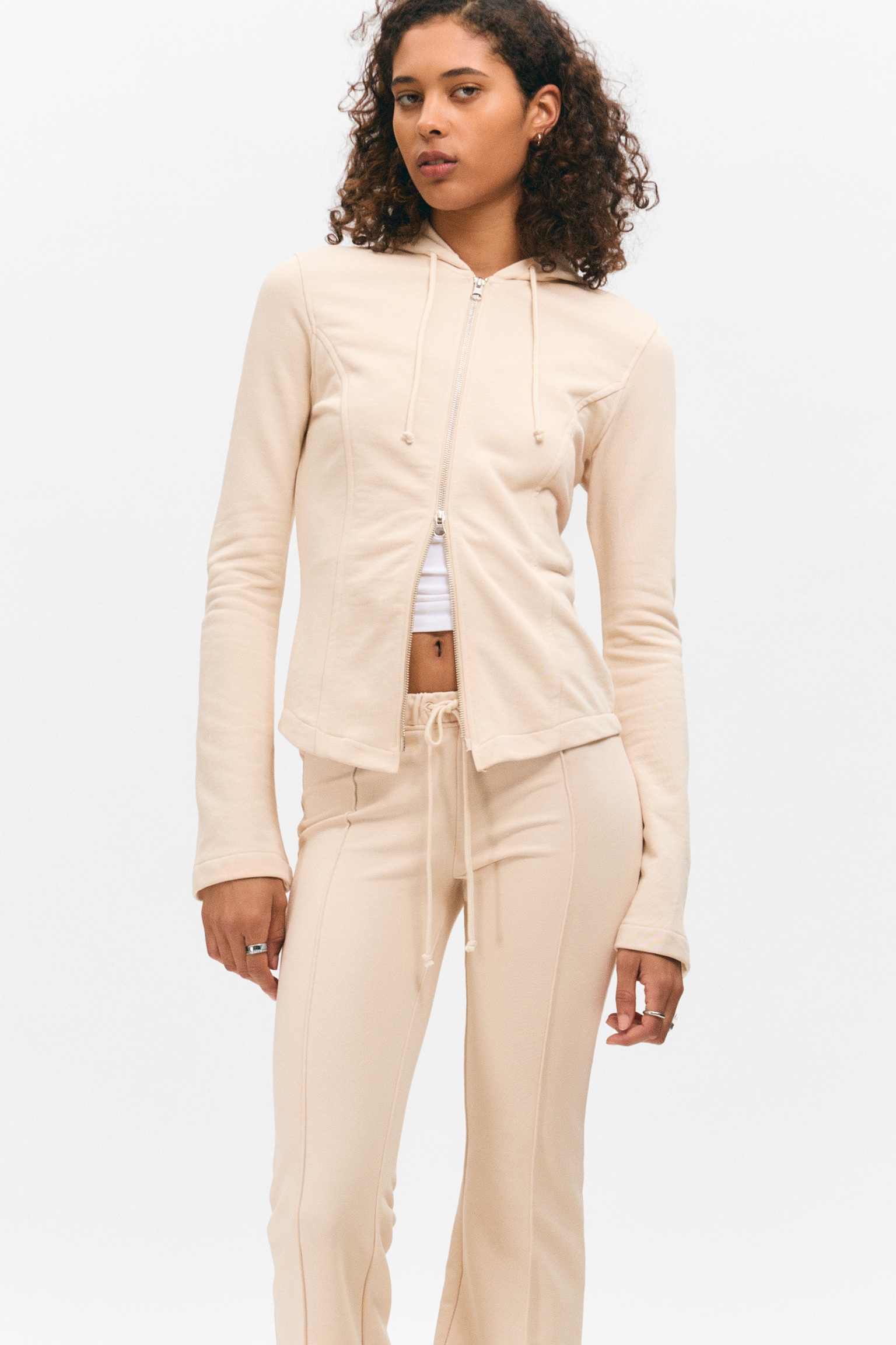 Mid Rise Pintuck Flared Sweatpants - Light Beige/Black - 5